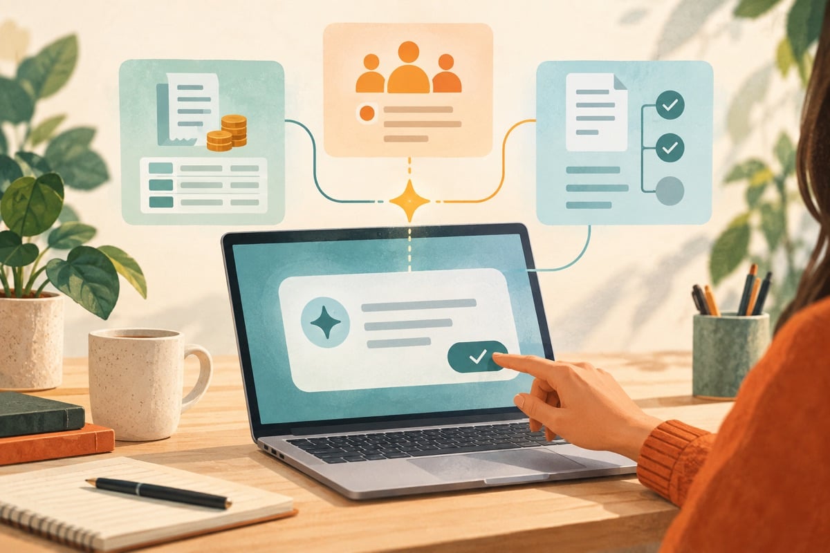 Illustration of an AI assistant connecting tasks within business software.