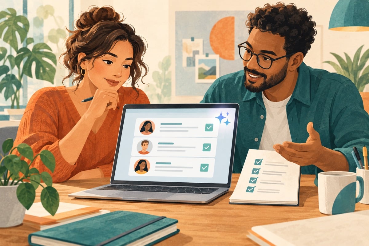 Illustration of a recruiter reviewing applications organised by software.