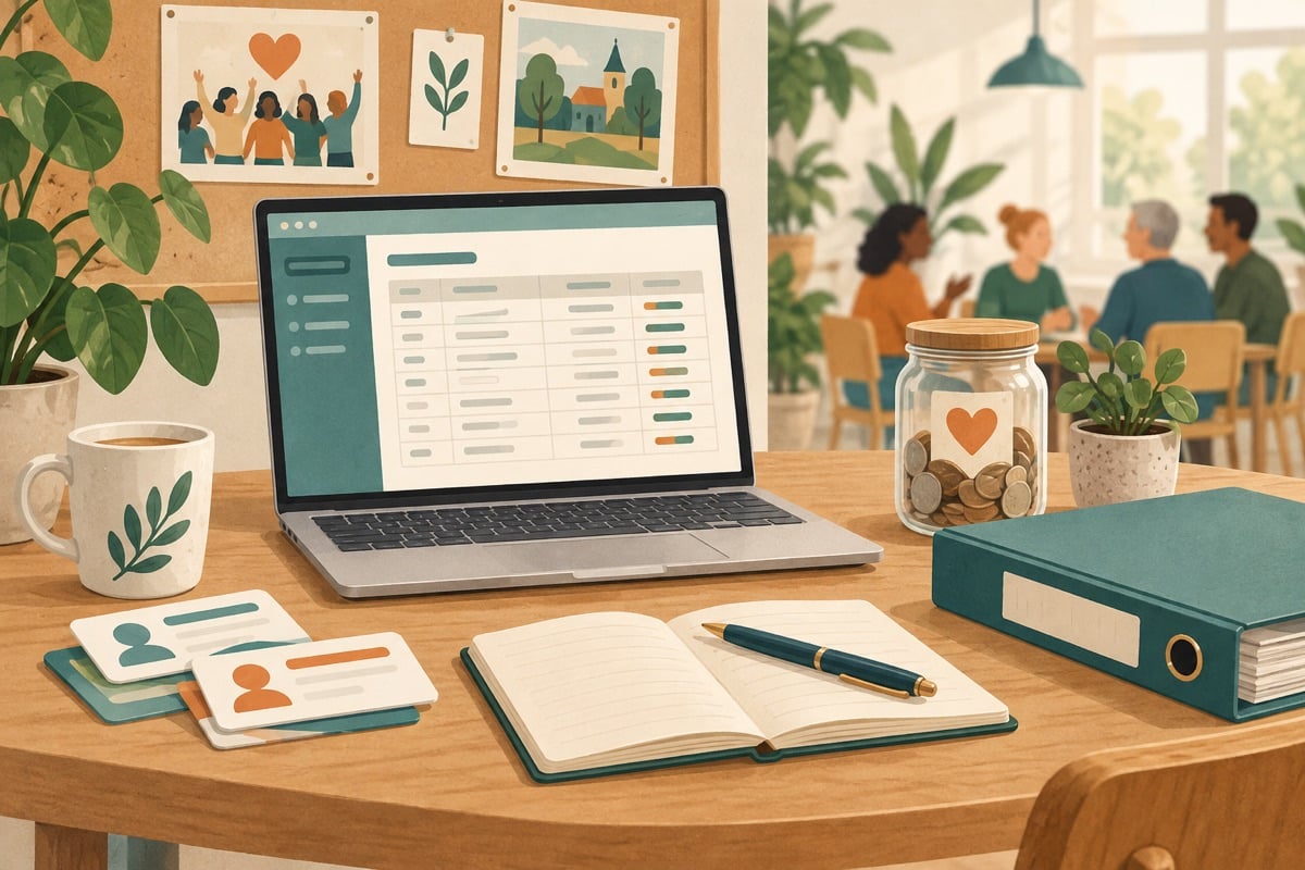Illustration of an association administration with membership cards, a donation jar and an accounting screen.
