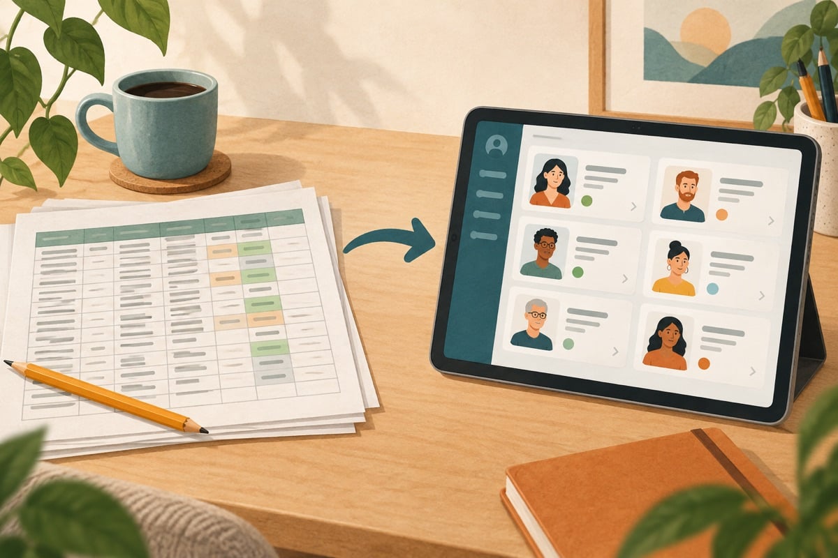 Illustration of the move from a customer spreadsheet to CRM software.
