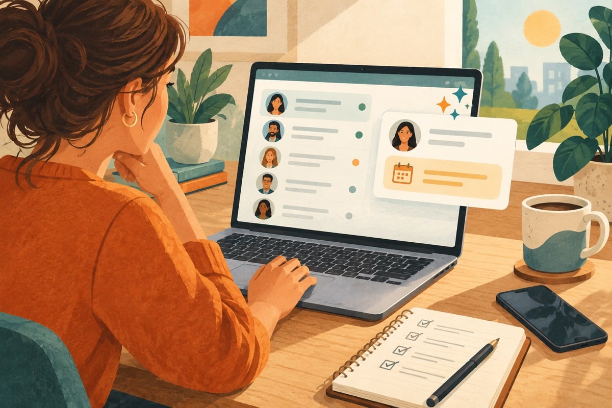 Illustration of customer follow-up with AI suggestions on a CRM screen.
