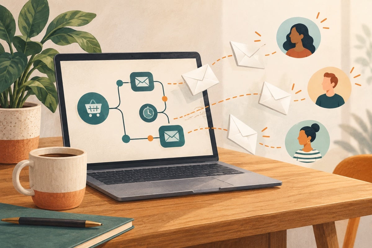 Illustration of envelopes being sent automatically from a webshop to customers.