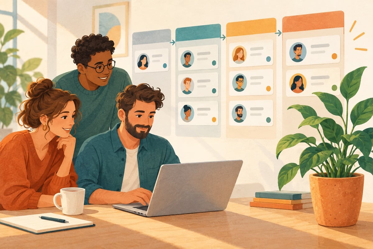 Illustration of a growing team with an overview of customer cards.