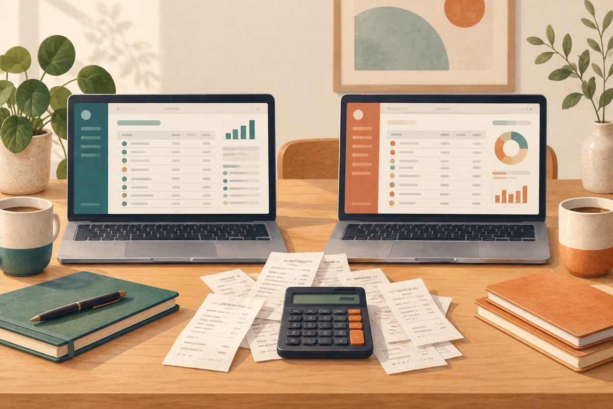Illustration of two accounting screens side by side with receipts and a calculator.