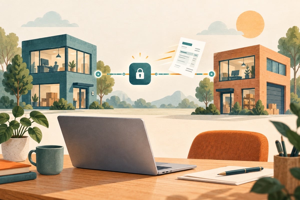 Illustration of an electronic invoice being sent between companies over a secure connection.