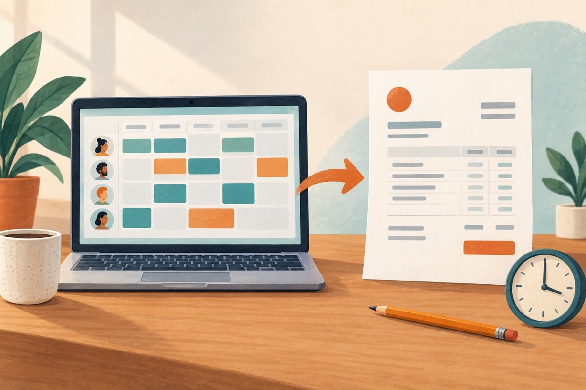 Illustration of recorded working hours being converted into an invoice.