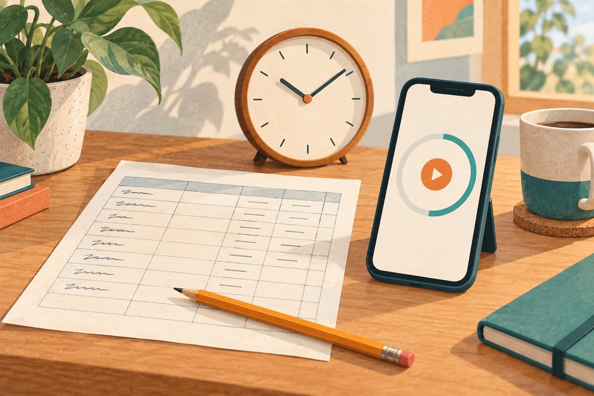 Illustration of time tracking on a worksheet and in a phone app.