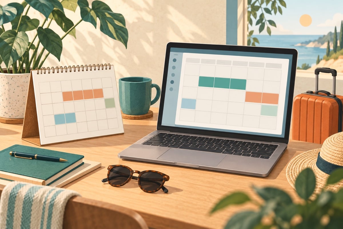 Illustration of a leave calendar on paper and in HR software.