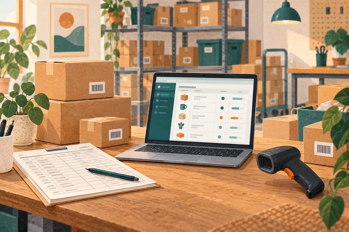 Illustration of inventory management with boxes, a scanner and a digital stock overview.