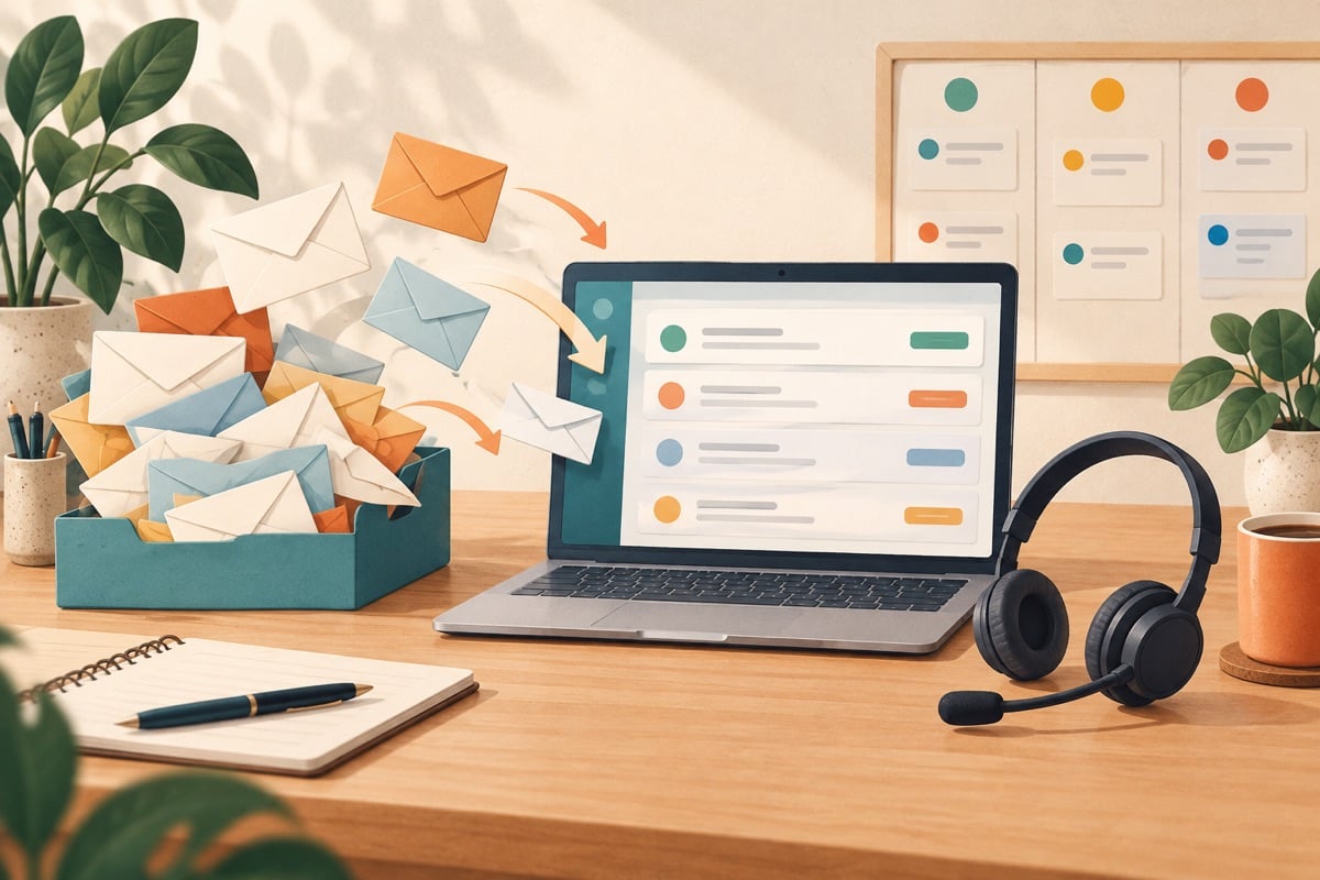 Illustration of email questions being organised in a helpdesk overview.
