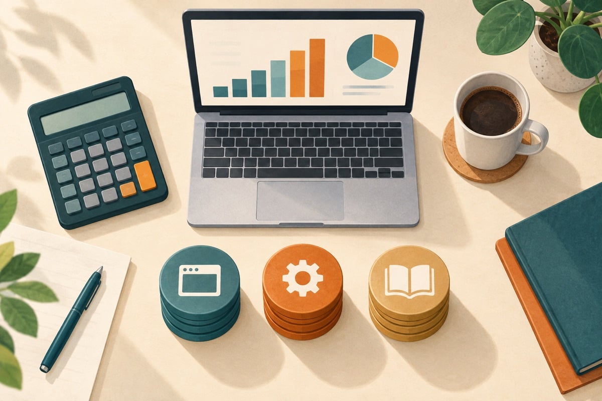 Illustration of an ERP budget with various cost items on a work table.