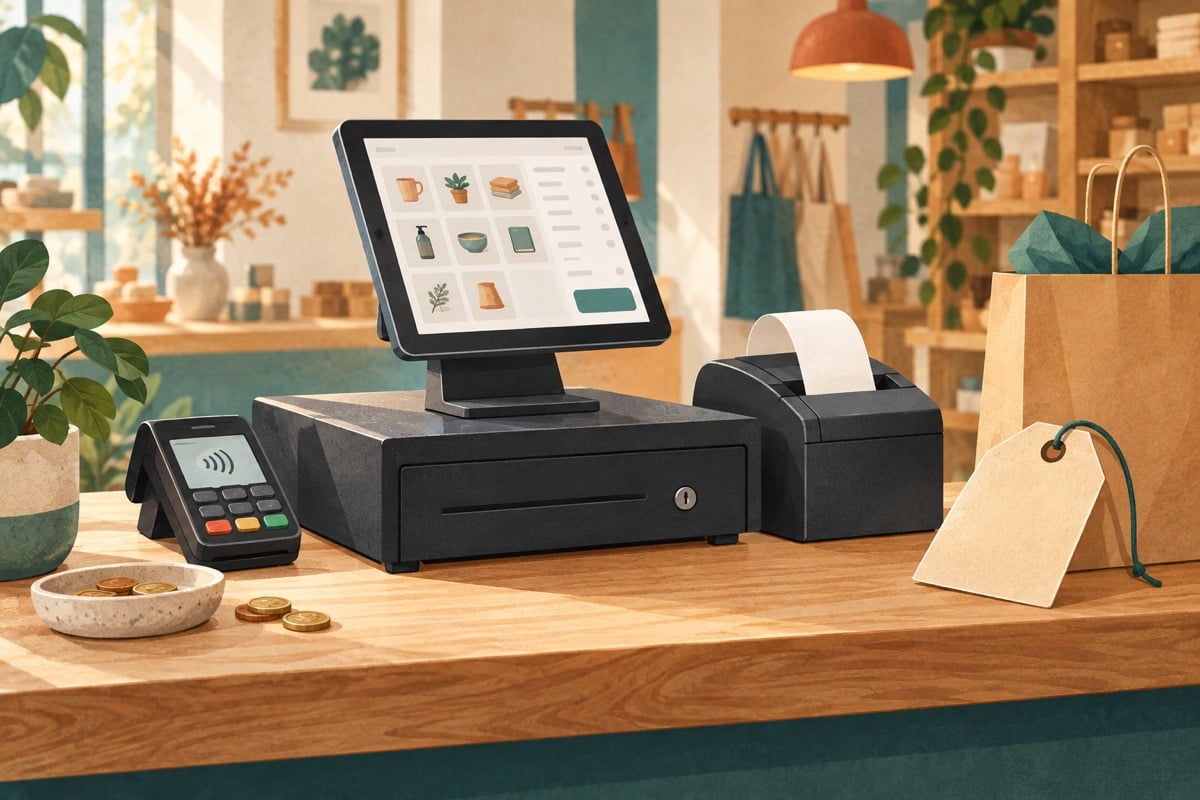 Illustration of a shop counter with a tablet till, card terminal, receipt printer and cash drawer.