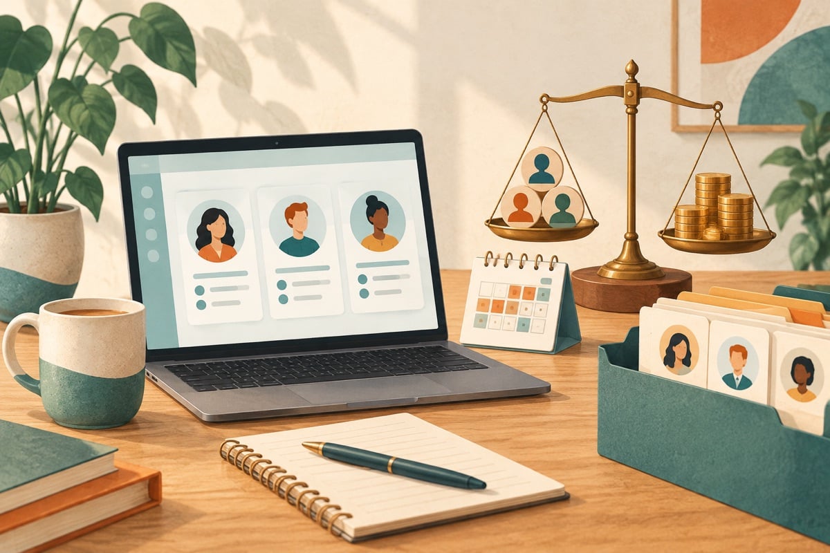 Illustration of a laptop with staff cards, a leave calendar and a scale with coins.